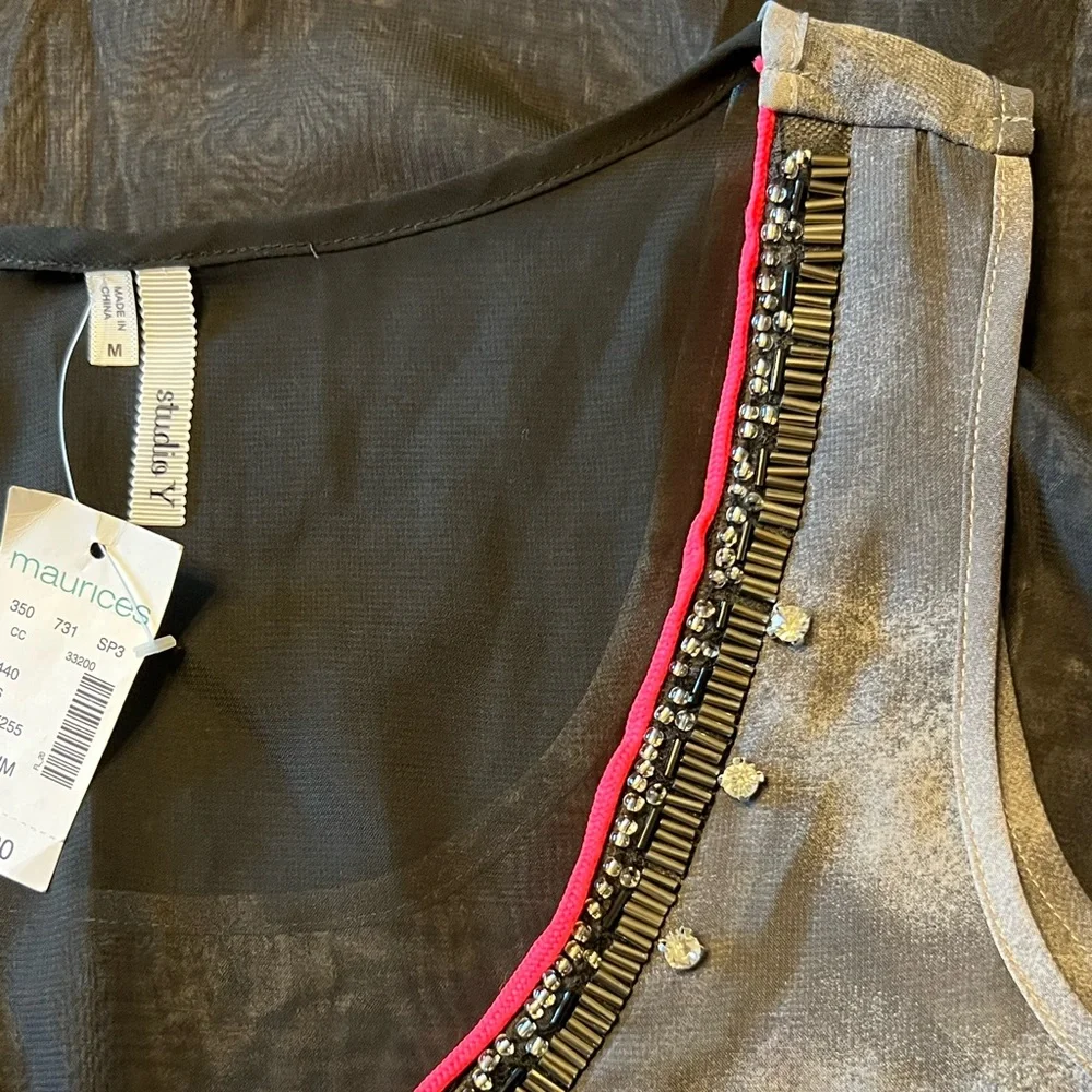 Maurices Studio Y Sheer Tank Gray Black Pink Rhinestone Medium - Picture 4 of 10